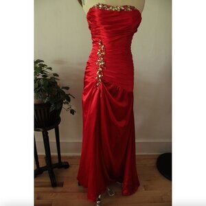 2000's Y2K Tony Bowles Red Satin Rhinestoned High Slit Satin Evening Gown Prom